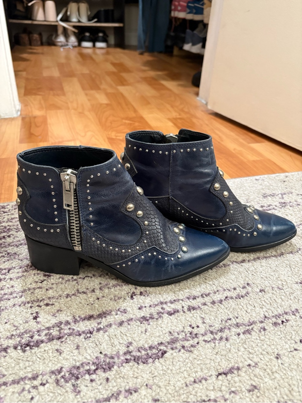 Nasty Gal Navy Studded Leather Ankle Boots